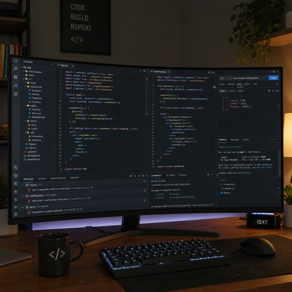 Software developer workspace showing multiple code windows organized seamlessly on a large curved screen