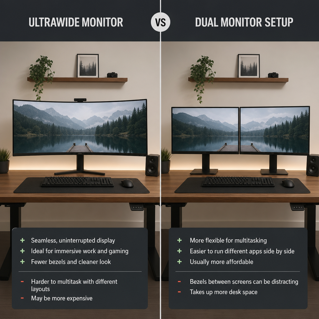 Side-by-side comparison of an ultrawide monitor and a dual monitor setup on a modern wooden desk