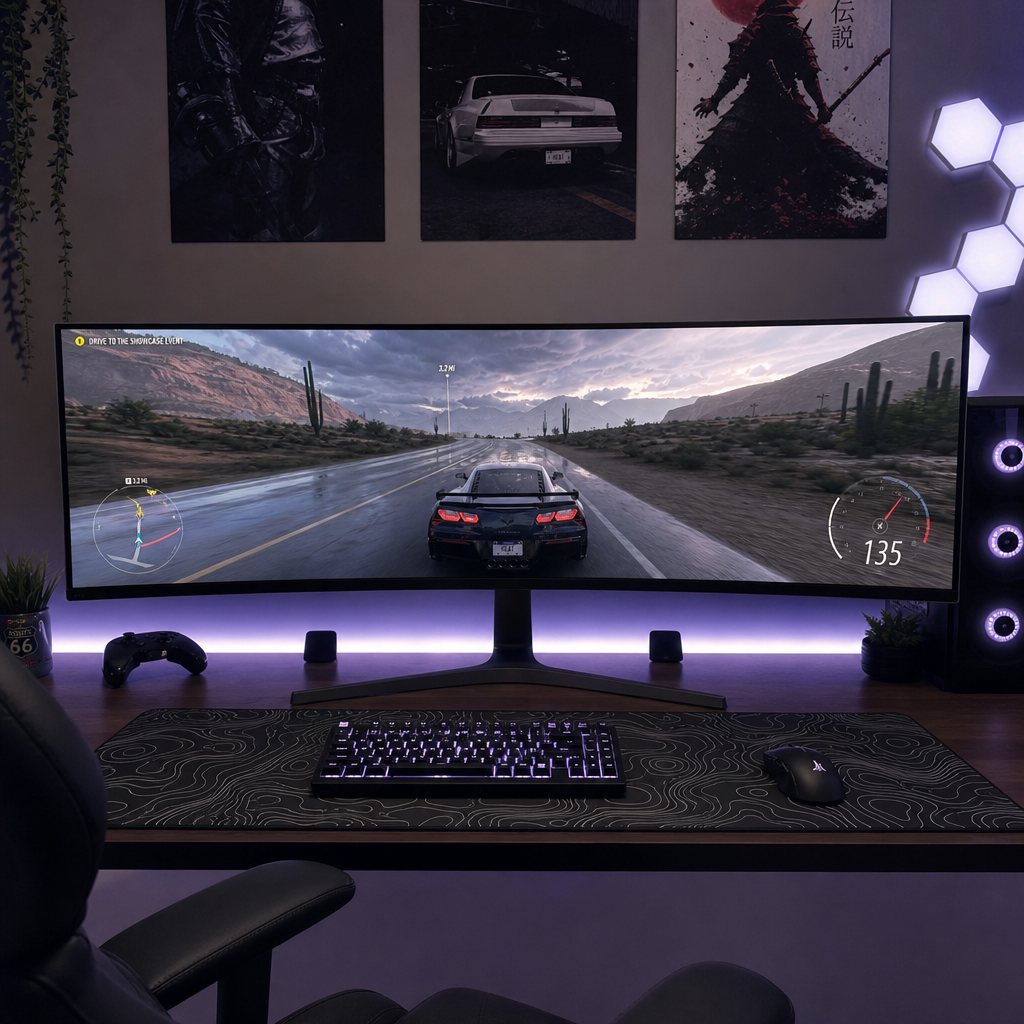 Immersive gaming setup featuring a 32:9 super ultrawide monitor displaying an open-world racing game